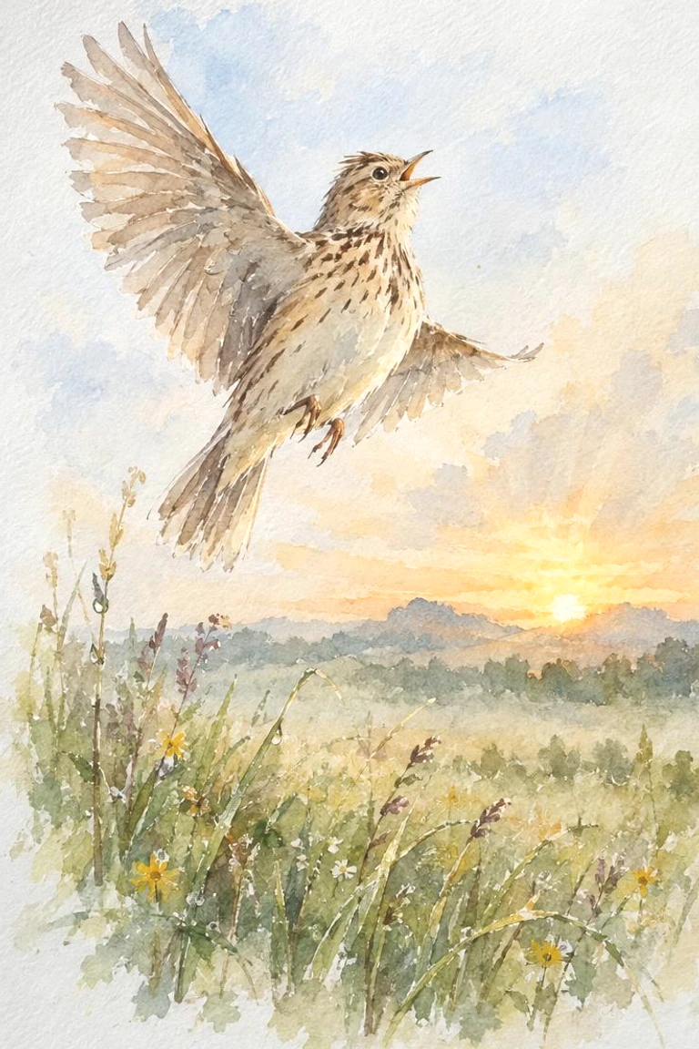 Dawn Lark: a skylark rising, wings open, over a summer meadow at sunrise, in ink and watercolour.